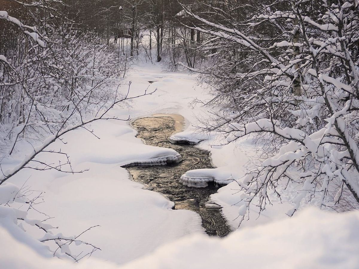 Täfteån vintertid, is och snö längs ån.